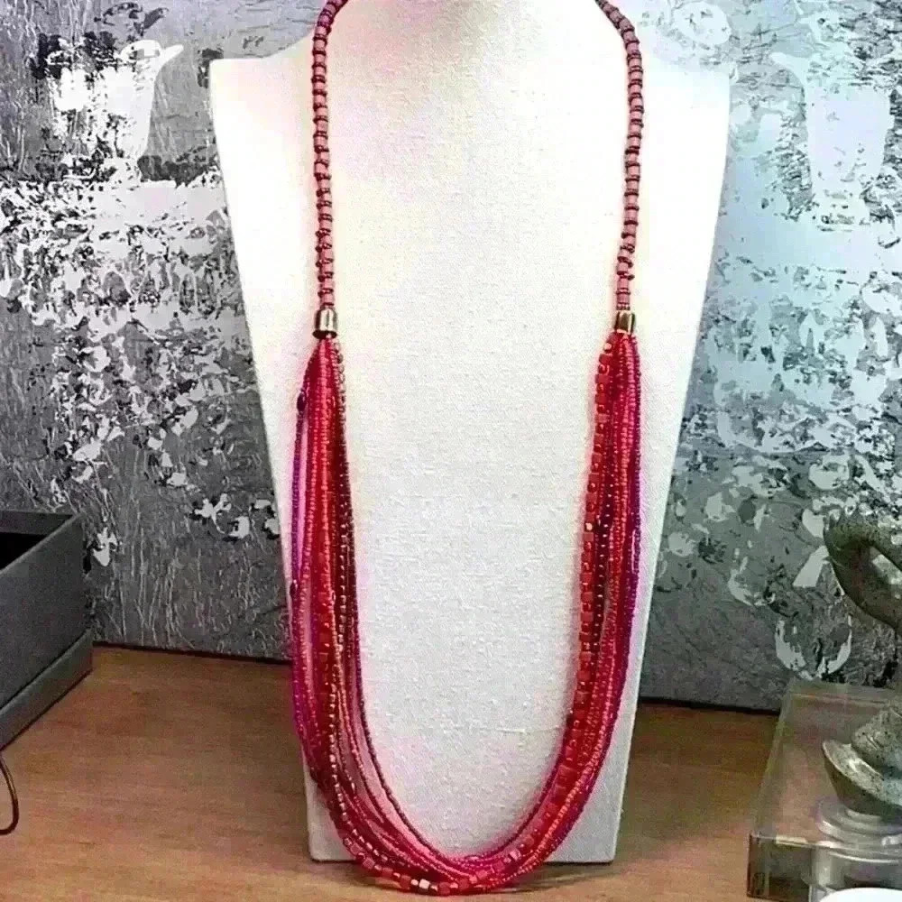 Vintage Long Seed Bead Necklace - Red and Purple